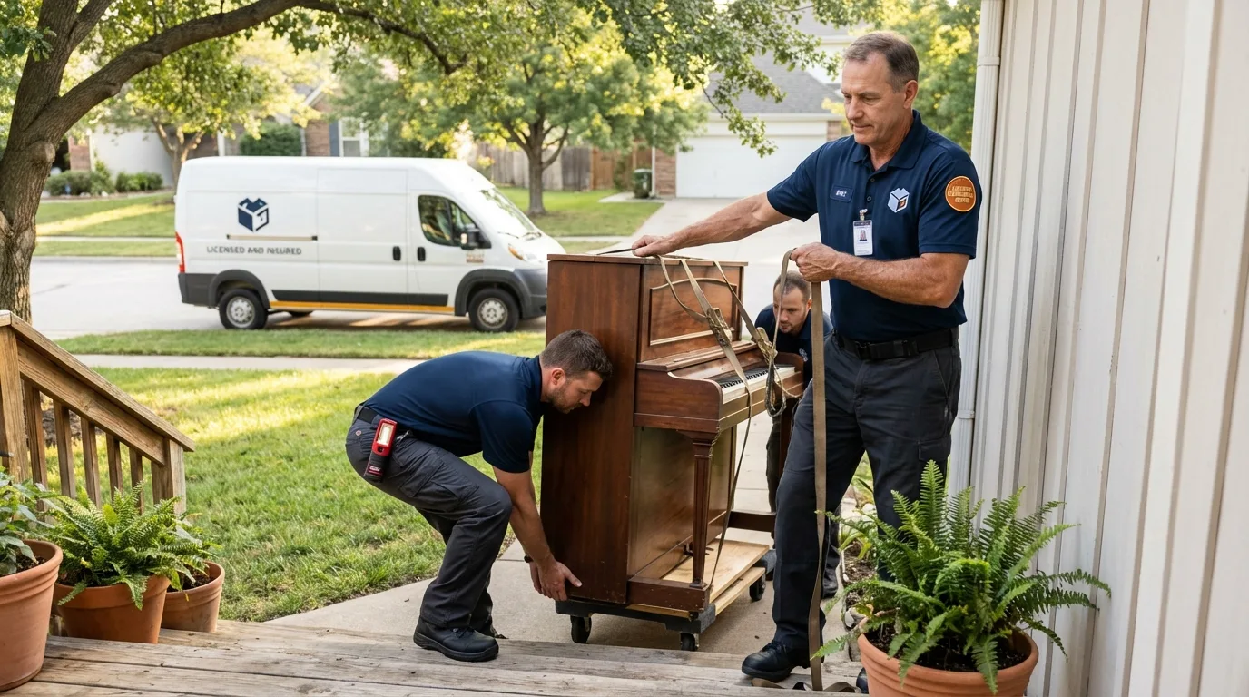 Licensed piano movers securing grand piano in Trinidad, CO