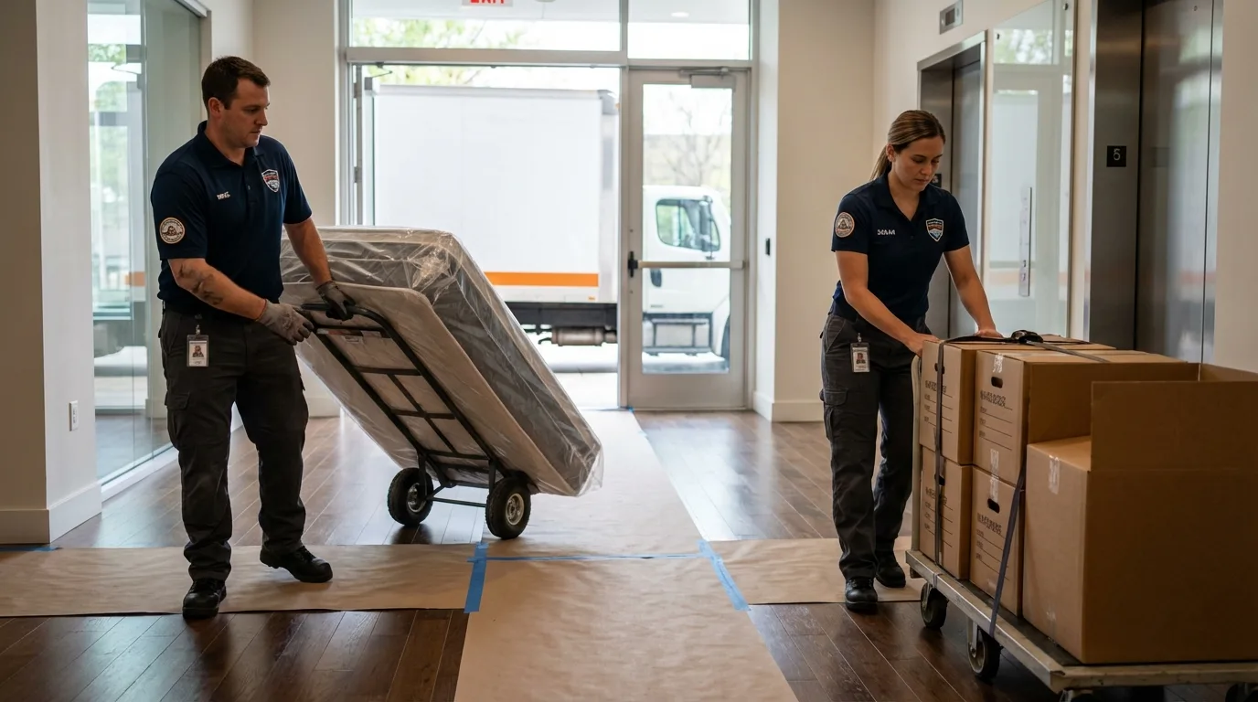 Professional apartment movers loading elevator in Trinidad, CO