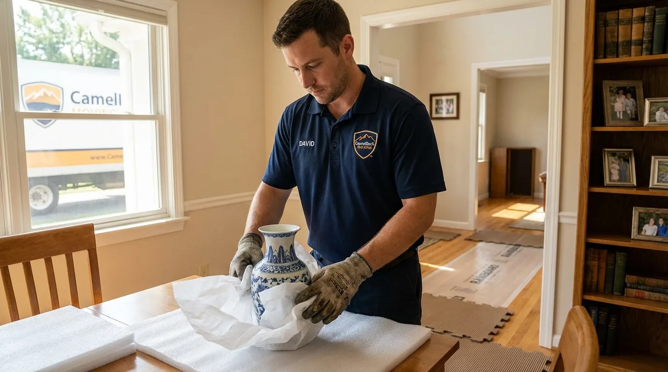 Professional crew carefully wrapping antique vase for senior downsizing move in Trinidad, CO